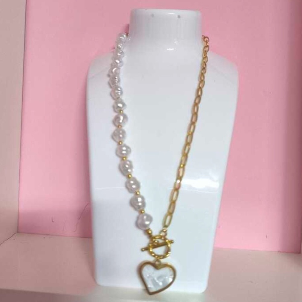 Stainless steel Gold and White Heart Pendant Necklace